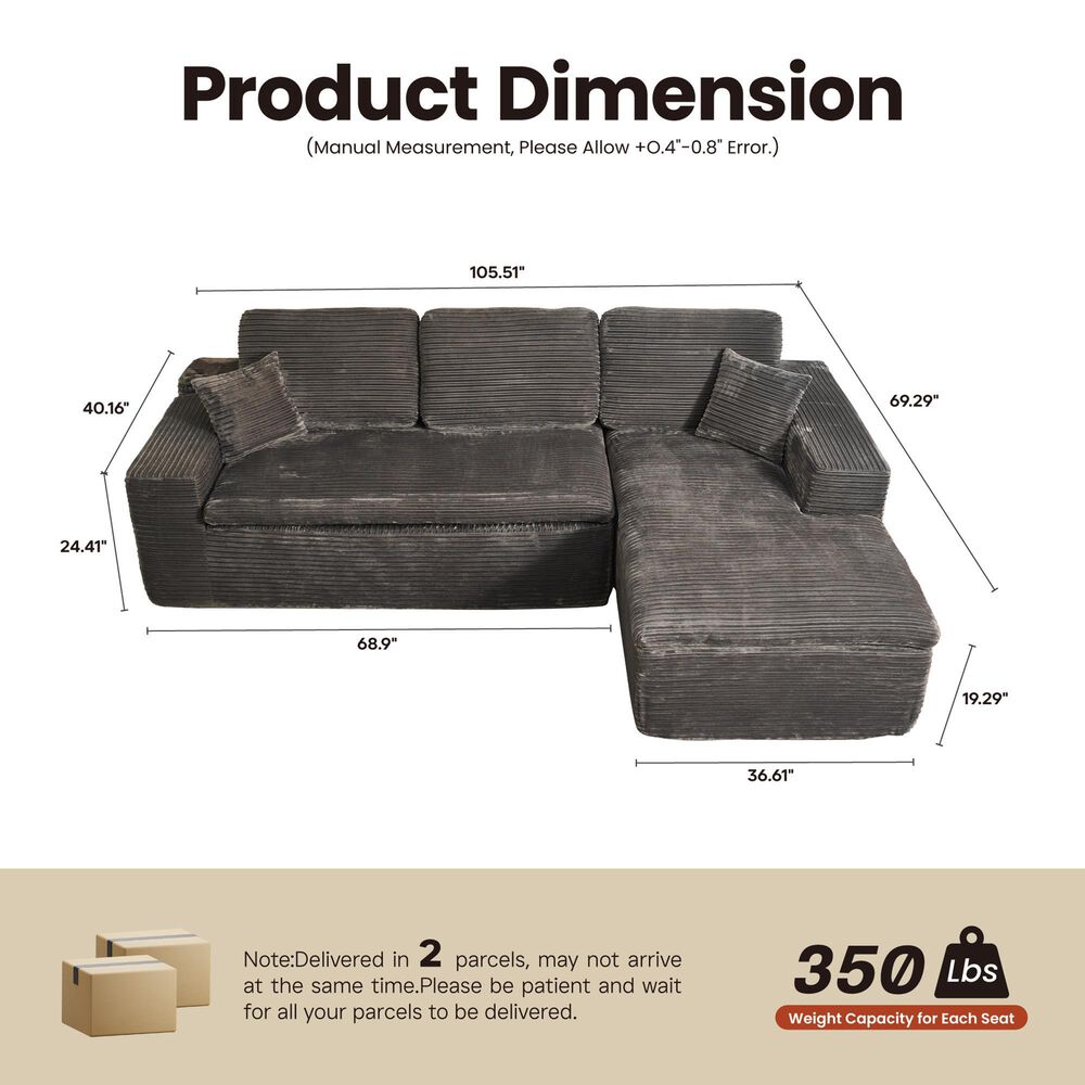 HOMLUX 2-Piece Stationary Right-Facing Chaise with Loveseat and Corduroy Fabric Upholstery in Grey, , large