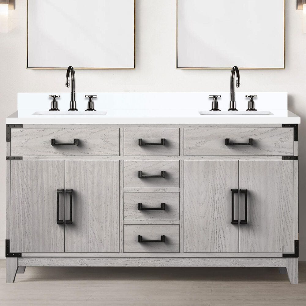 Lexora Home Laurel 60&quot; Double Bathroom Vanity in White Oak with White Quartz Top and Rectangular Sinks, , large