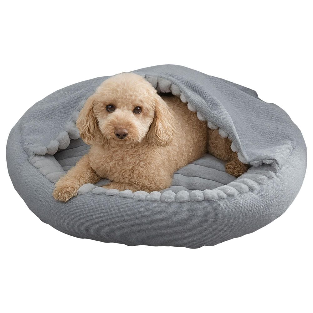 Hallmart Collectibles Hooded Medium Round Cuddler Pet Bed in Gray, , large