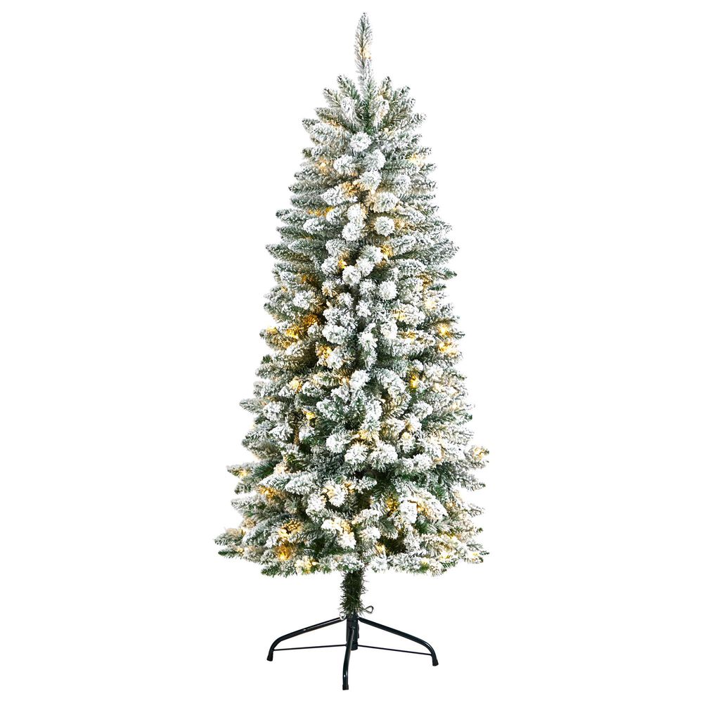 Nearly Natural Inc 5ft. Slim Flocked Montreal Fir Artificial Christmas Tree with Warm White LED Lights, , large