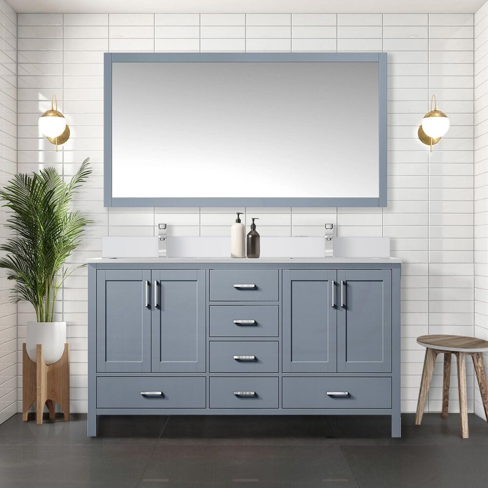 Lexora Home Jacques 60&quot; Double Bathroom Vanity in Dark Grey with 2 cm White Cultured Marble Top and Rectangular Sinks, , large