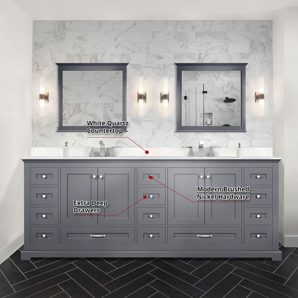 Lexora Home Dukes 84&quot; Double Bathroom Vanity in Dark grey with 2 cm White Quartz Top and Rectangular Sinks, , large
