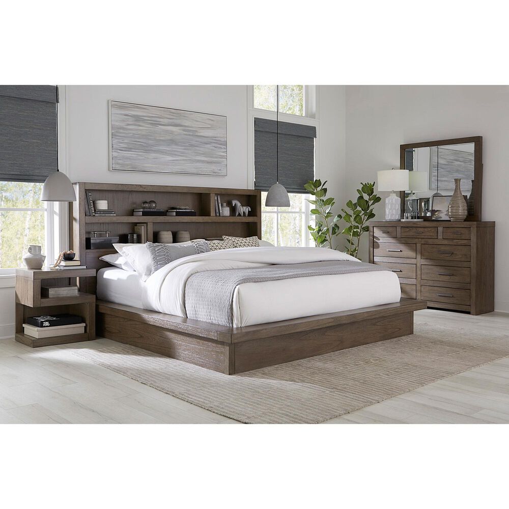 Riva Ridge Modern Loft Queen Bookcase Platform Bed in Greystone, , large