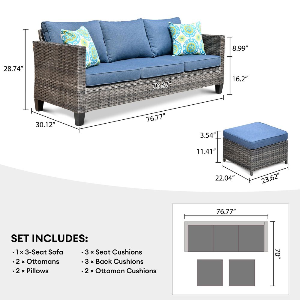 HOMLUX 3-Piece 77" Patio Sofa and Ottoman Set in Denim Blue, , large