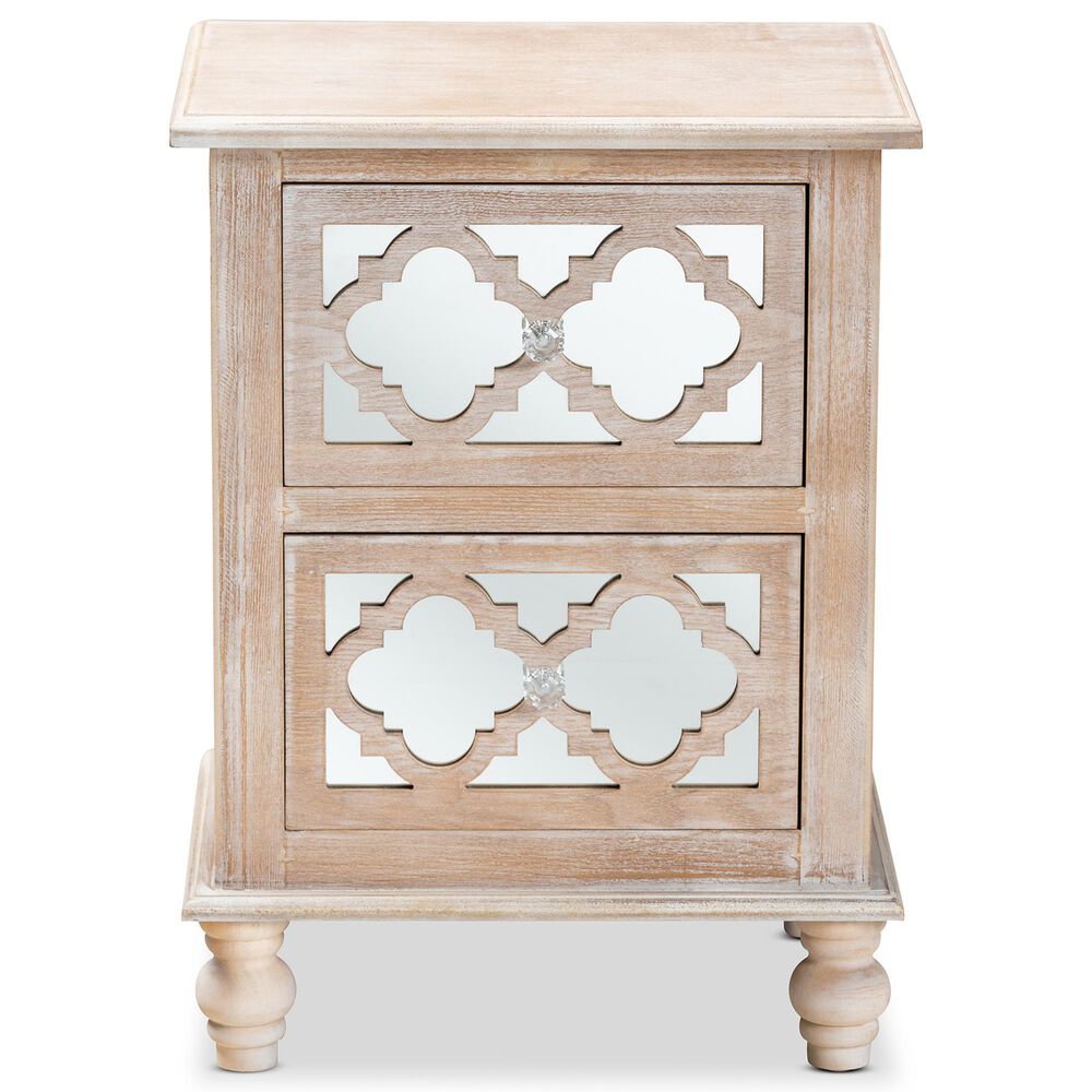Baxton Studio Celia 2-Drawer Quatrefoil End Table in White Washed Oak, , large