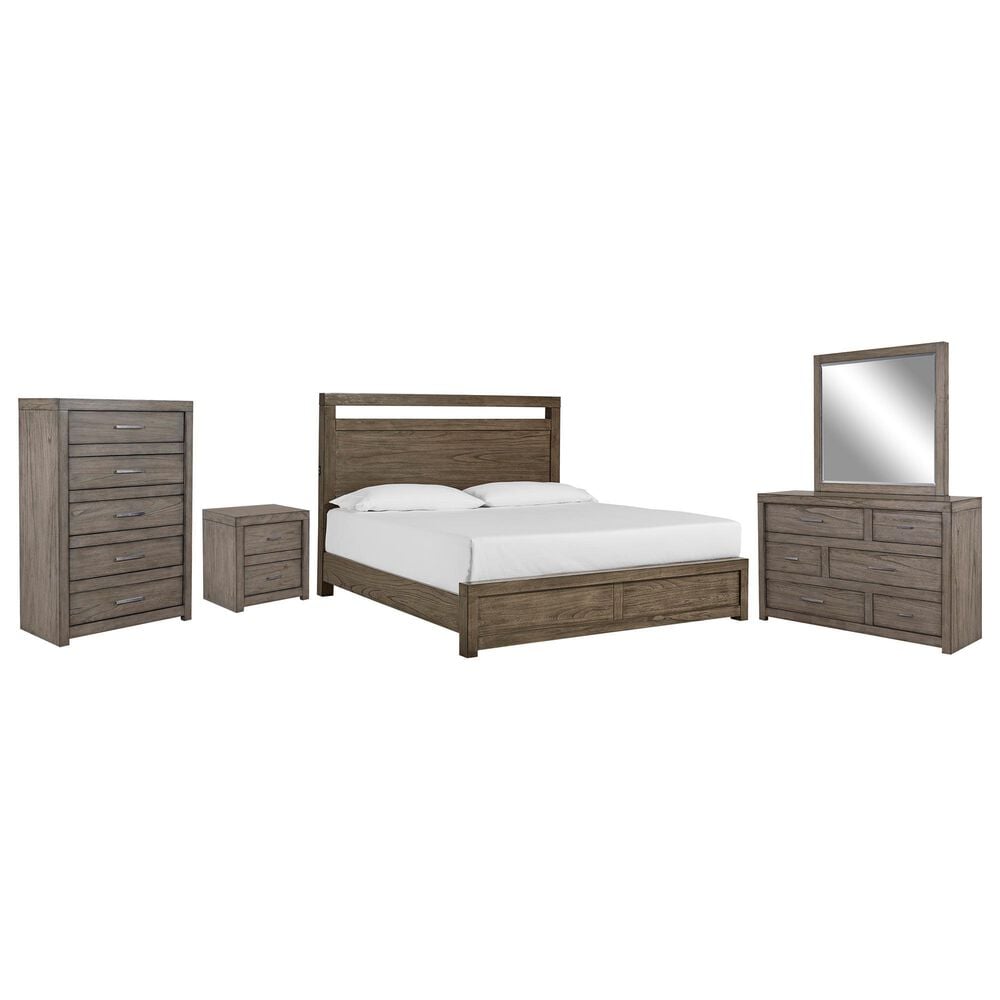 Riva Ridge Modern Loft 5 Piece Queen Panel Bedroom Set in Greystone, , large