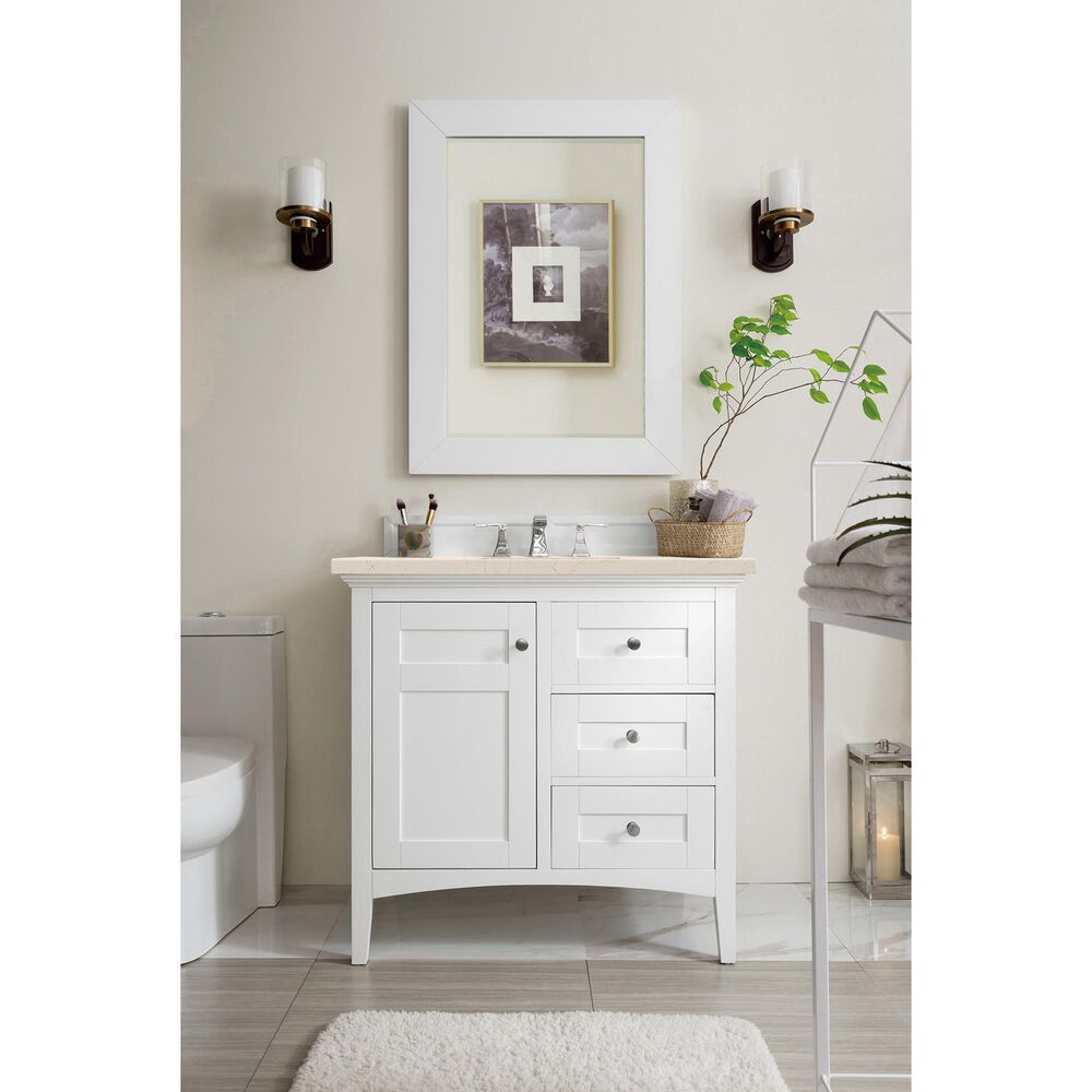 James Martin Vanities Palisades 36&quot; Single Bathroom Vanity in Bright White with 3 cm Eternal Marfil Quartz Top and Rectangular Sink, , large