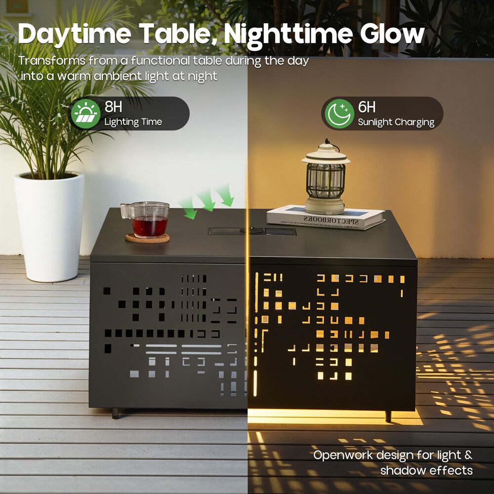 HOMLUX Patio Coffee Table with Solar Lighting in Black, , large