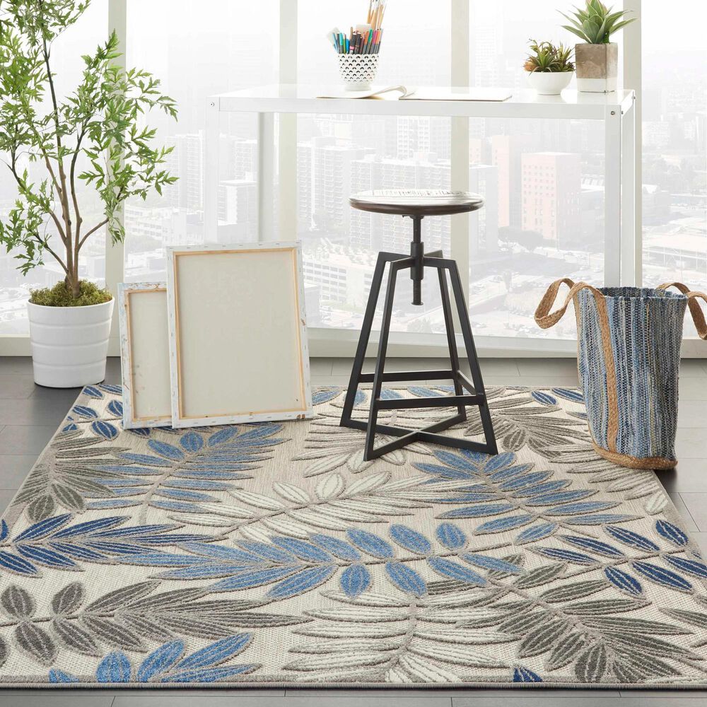 Nourison Aloha Floral 5&#39;3&quot; x 7&#39;5&quot; Grey and Blue Indoor/Outdoor Area Rug, , large
