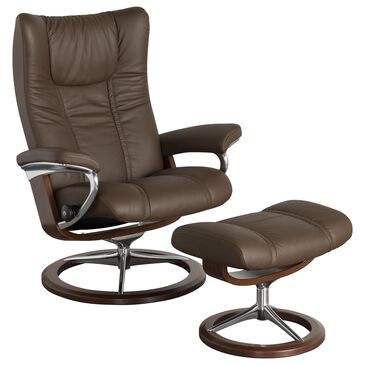 Stressless Wing Medium Leather Chair and Ottoman in Paloma Chestnut, , large