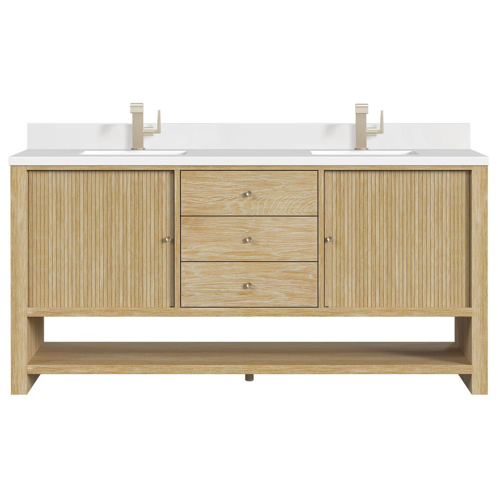 James Martin Vanities Marigot Single 72&quot; Double Vanity in Sun-washed Oak with Single Hole 3 cm White Zeus Quartz Top &amp; Backsplash, , large