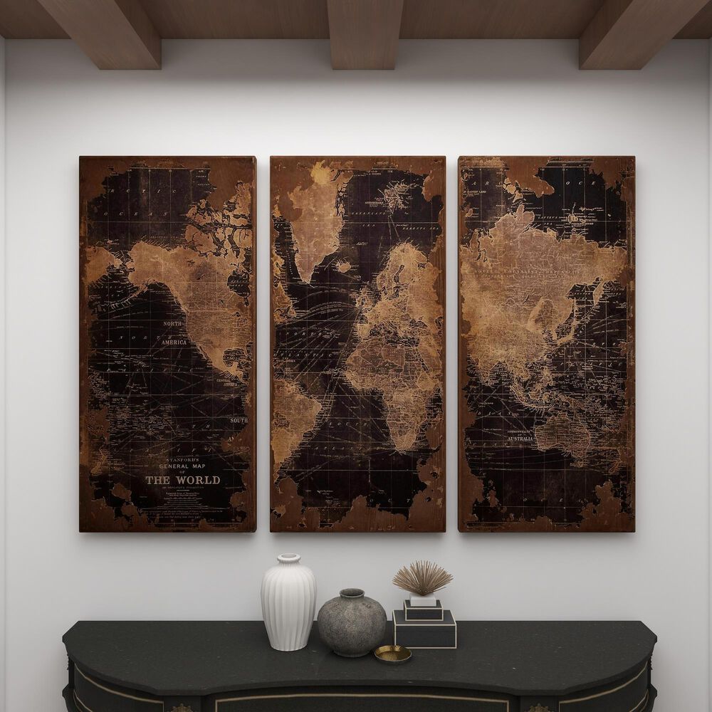 Maple and Jade 47&quot; x 22&quot; Vintage World Map Wall Decor in Black, Beige and Brown, , large