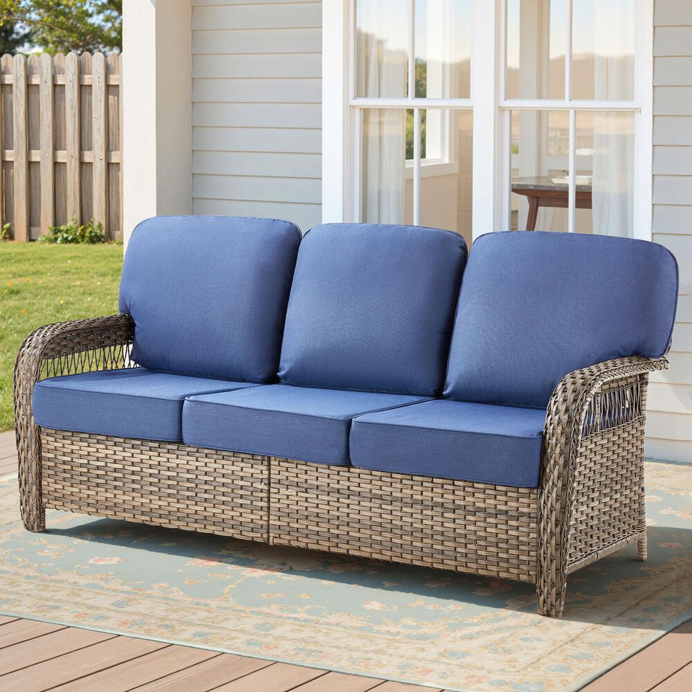 Hearth and Haven Outdoor Sofa with T-back Cushions and Gray Wicker in Blue, , large