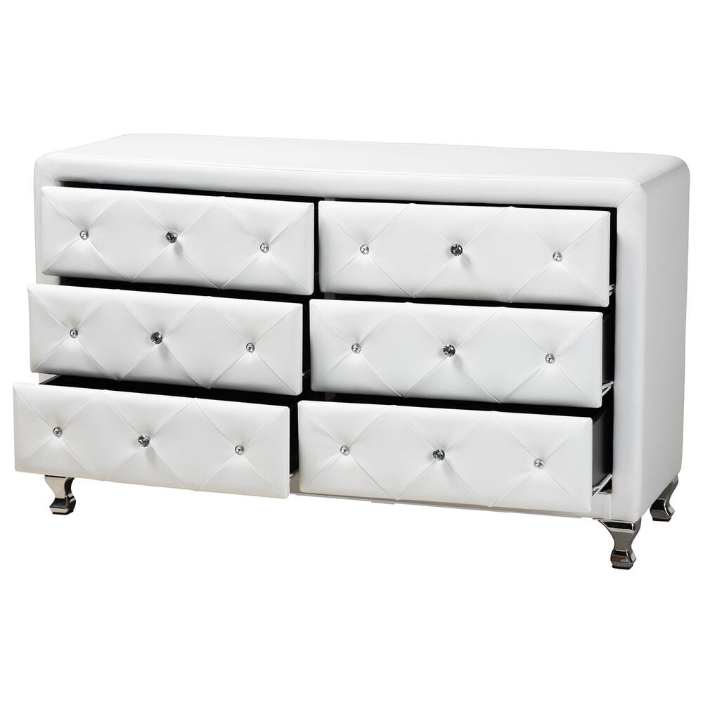 Baxton Studio Luminescence 6-Drawer Dresser with White Upholstered in Chrome, , large