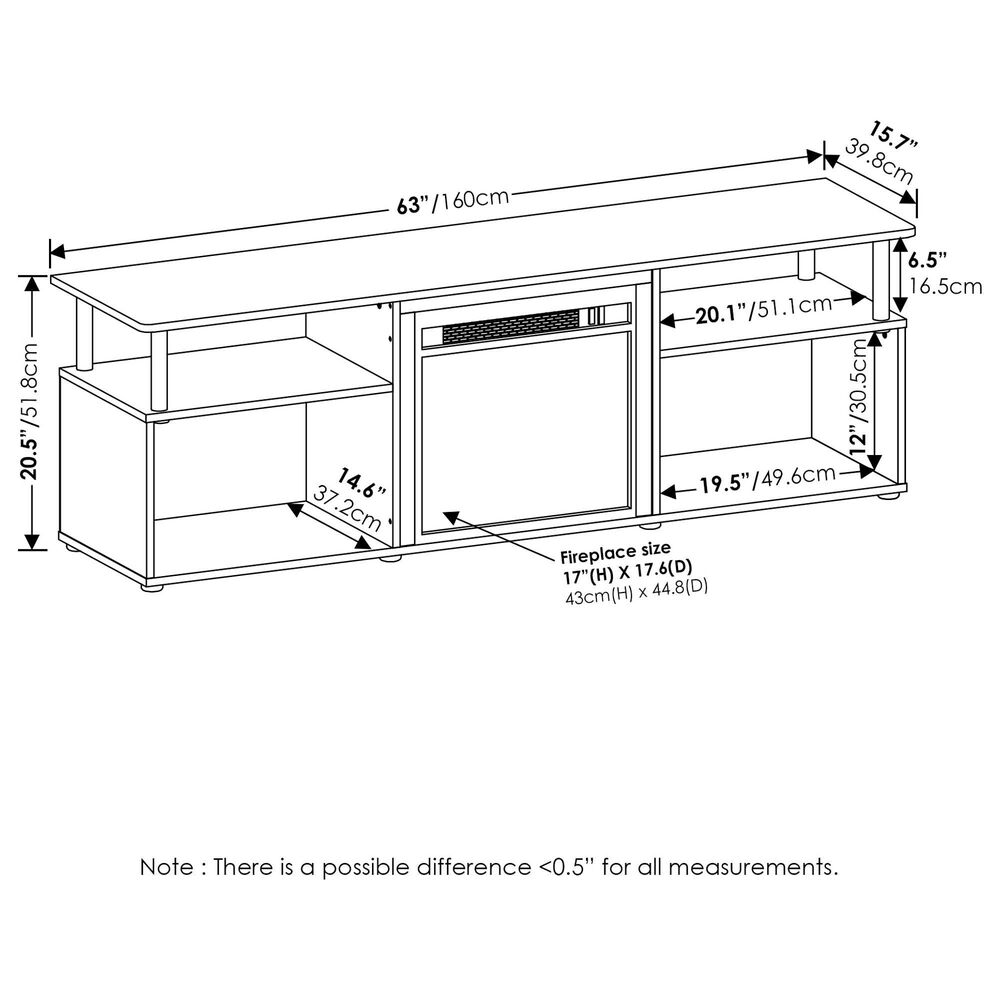HOMLUX 63" TV Stand with Electric Fireplace in White Oak and Stainless Steel, , large