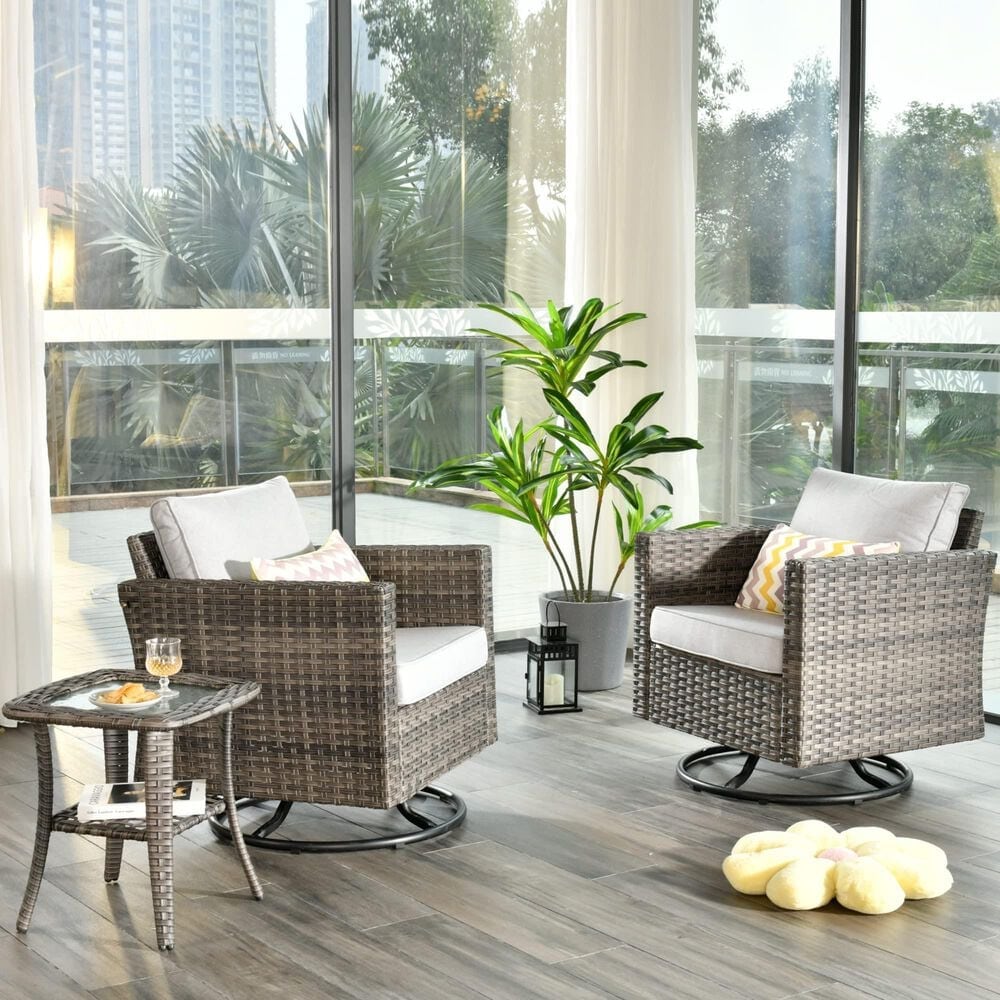 HOMLUX 3-Piece Patio Conversation Set with Square-Arm Swivel Rocking Chairs in Gray, , large