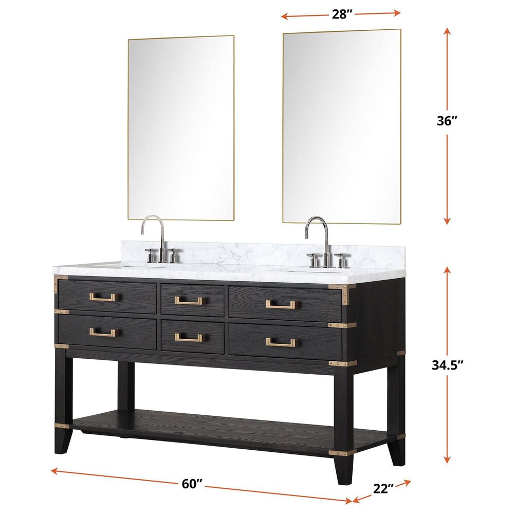 Lexora Home Norwalk 60&quot; Double Bathroom Vanity in Black Oak with White Carrara Marble Top and Rectangular Sinks, , large