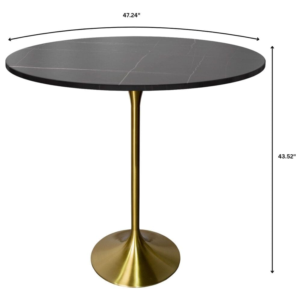 Leisuremod LeisureMod Verve Collection Modern Bar Height Table Brushed Gold Base with 48 Round Black Marbelized Sintered Stone Top, , large