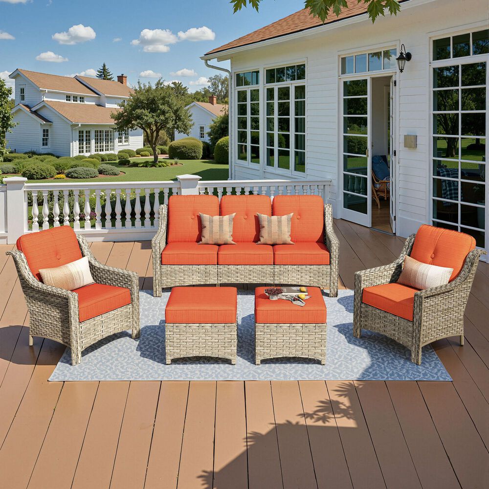 HOMLUX 5-Piece Patio Conversation Set with Two Ottomans in Orange Red, , large