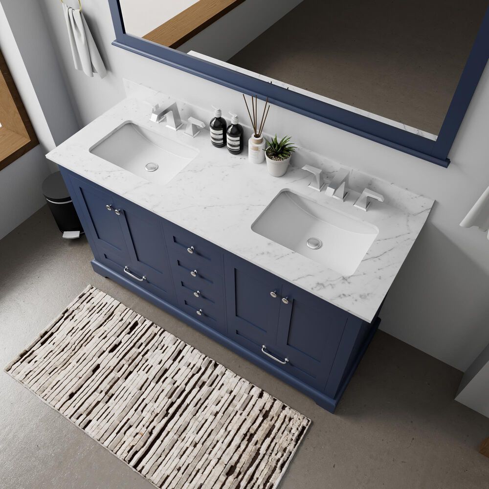 Lexora Home Dukes 60" Double Bathroom Vanity in Navy Blue with 2 cm White Carrara Marble Top and Rectangular Sinks, , large