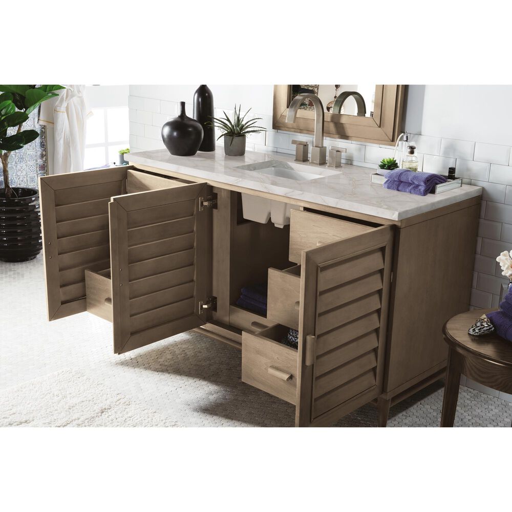James Martin Vanities Portland 60&quot; Single Bathroom Vanity in Whitewashed Walnut with 3 cm Victorian Silver Quartz Top and Rectangular Sink, , large