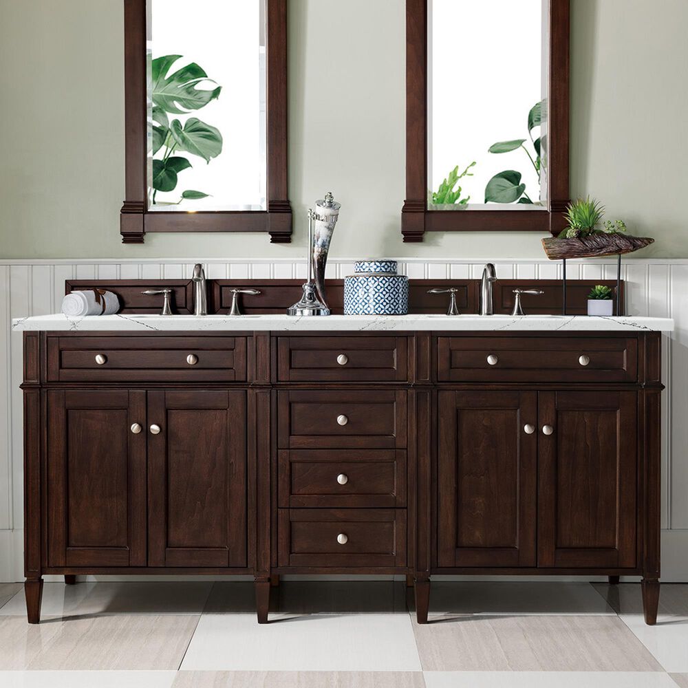James Martin Vanities Brittany 72" Double Bathroom Vanity in Burnished Mahogany with 3 cm Parisien Bleu Silestone Top, Rectangular Sinks and FreePower Wireless Charger, , large