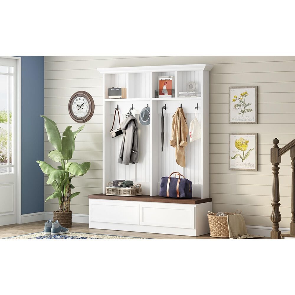 HOMLUX 6-Hook Hall Tree with Wood Grain Bench in White, , large