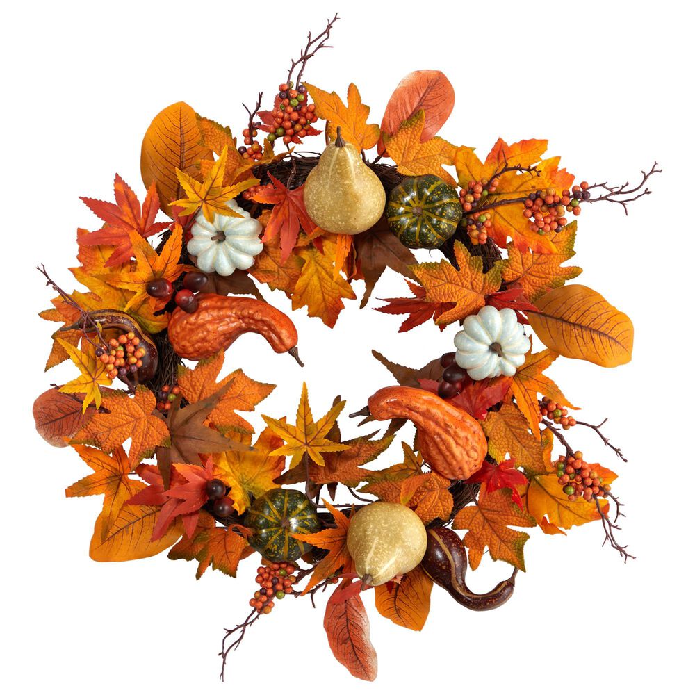 Nearly Natural Inc 24in. Autumn Pumpkin, Gourd and Berries in Assorted Colors Artificial Fall Wreath, , large