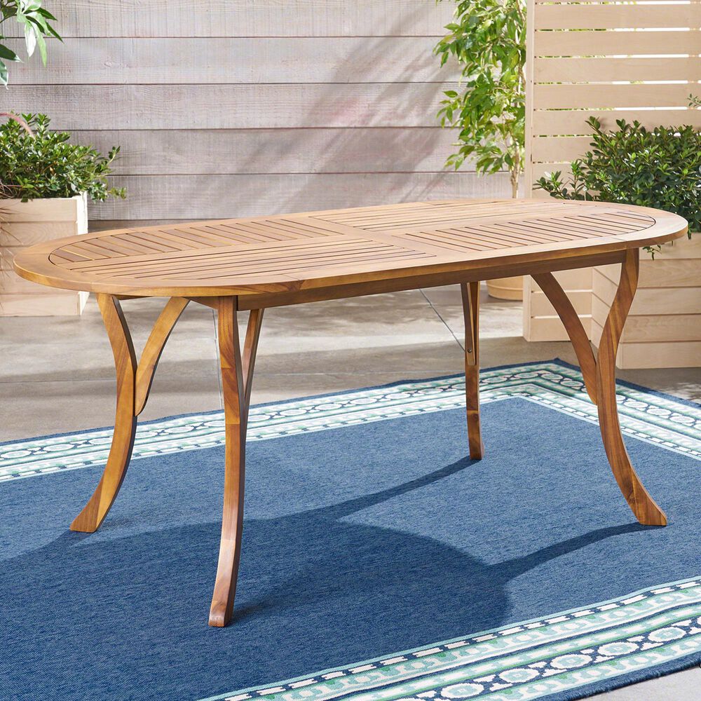 Hearth and Haven 70&quot; Outdoor Oval Dining Table with Slatted Tabletop and Curved Y-Shaped Legs in Teak, , large