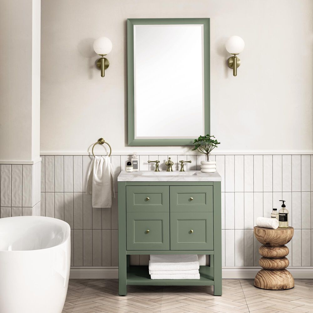 James Martin Vanities Breckenridge 30&quot; Single Bathroom Vanity in Smokey Celadon with 3 cm Victorian Silver Quartz Top and Rectangular Sink, , large