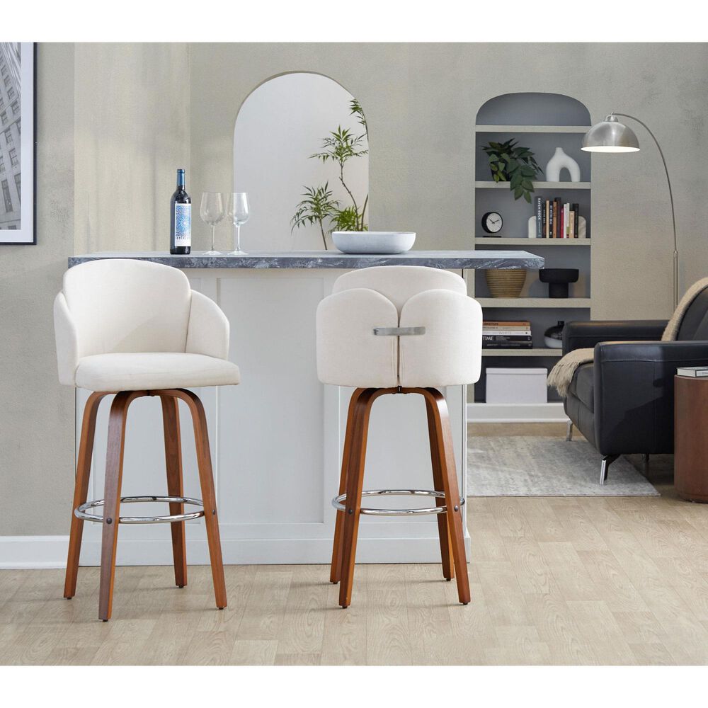 LumiSource Dahlia Swivel Bar Stool with Cream Fabric Upholstery in Walnut and Chrome (Set of 2), , large
