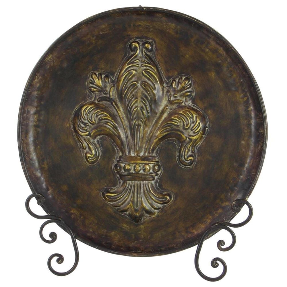 Maple and Jade Embossed Detail Fleur De Lis Decorative Charger with Stand in Brown, , large