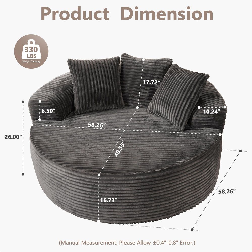 HOMLUX 59" Plush Corduroy Round Chair in Gray, , large