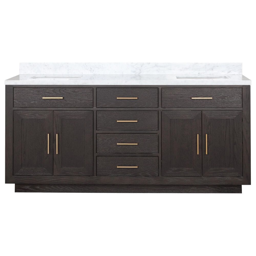 Lexora Home Abbey 72&quot; Double Bathroom Vanity in Brown Oak with 2 cm White Carrara Marble Top and Rectangular Sinks, , large