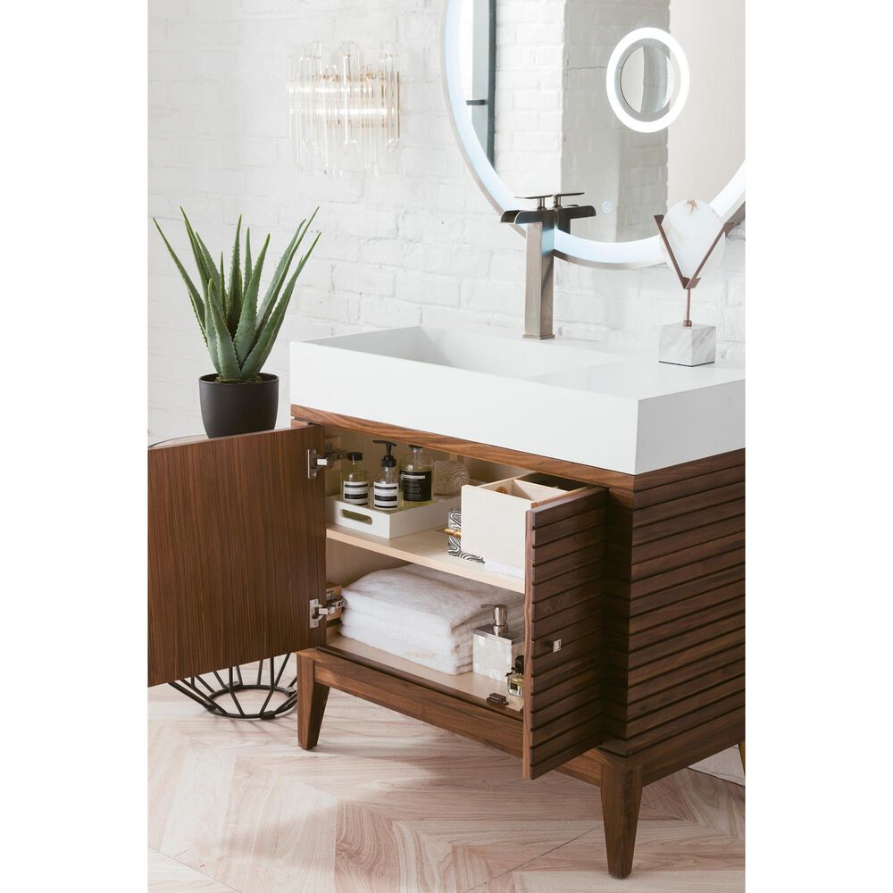 James Martin Vanities Linear 36&quot; Single Bathroom Vanity in Mid Century Walnut with 13 cm Glossy White Solid Surface Top and Rectangular Sink, , large
