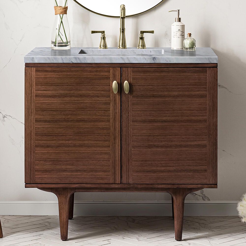 James Martin Vanities Amberly 36&quot; Single Bathroom Vanity in Walnut with 3 cm Carrara White Marble Top and Rectangular Sink, , large
