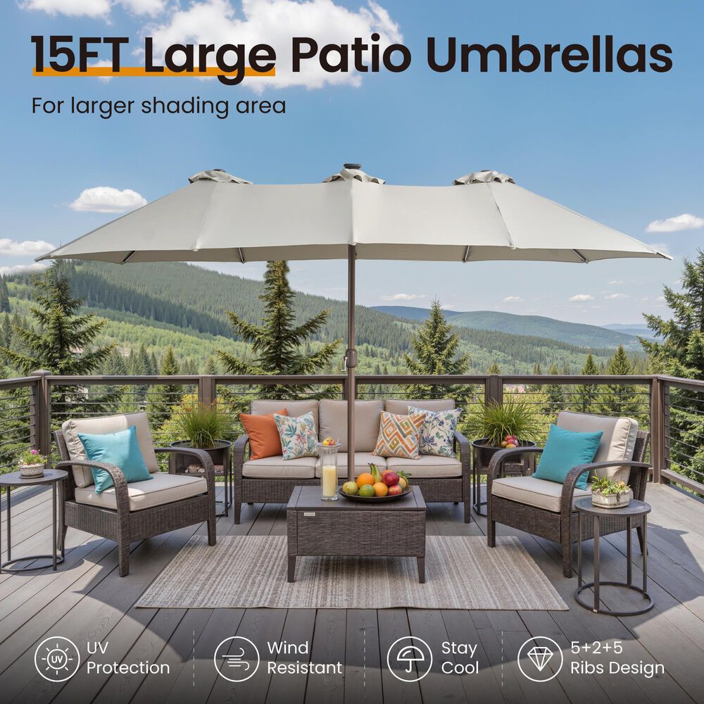 HOMLUX 15' Double-Sided Outdoor Market Umbrella with Sandbag Base and RGB LED Lights in Light Gray, , large