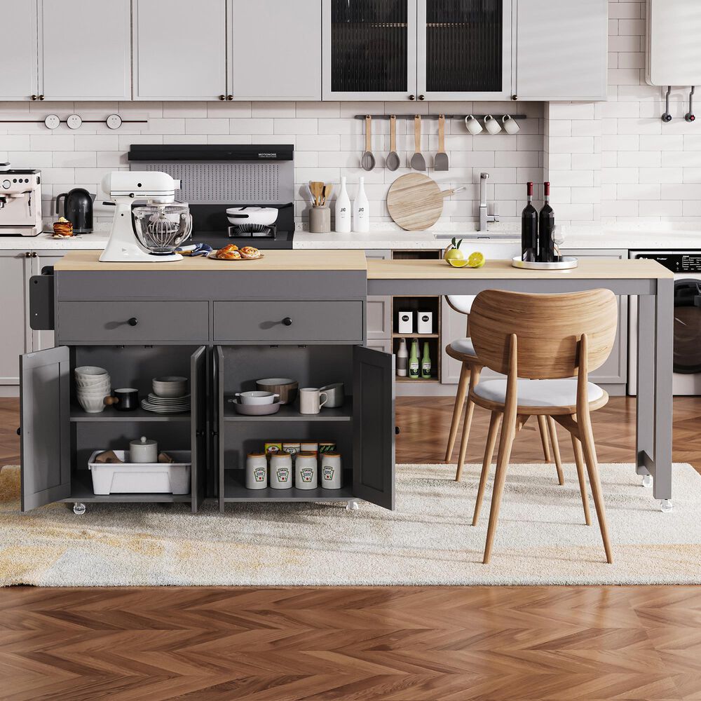 HOMLUX 75" Kitchen Island with Extendable Dining Table in Grey, , large