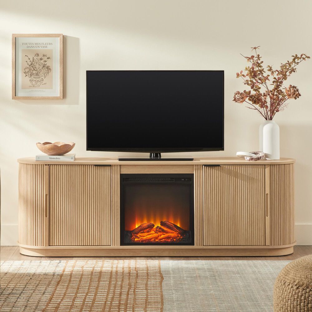 Walker Edison Chloe 70&quot; TV Stand with Freestanding Electric Fireplace in Coastal Oak, , large