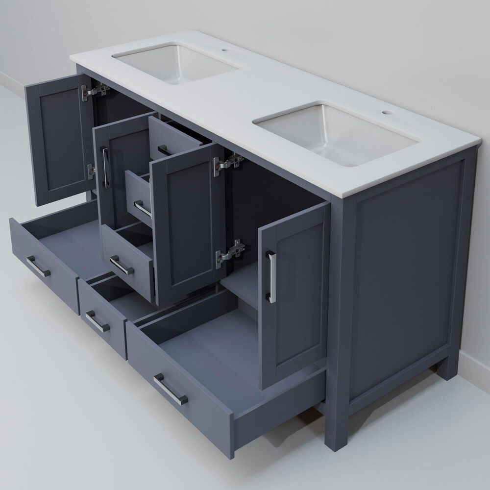 Lexora Home Jacques 60" Double Bathroom Vanity in Dark Grey with 2 cm White Quartz Top and Rectangular Sinks, , large