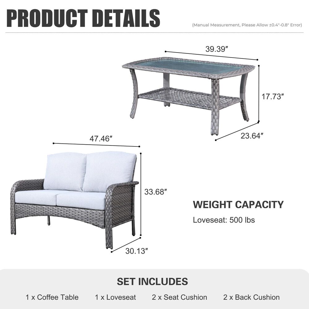 HOMLUX 2-Piece Patio Loveseat and Coffee Table Set in Grey, , large