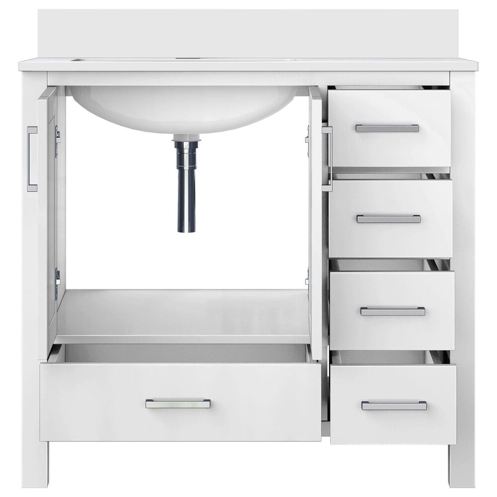 Lexora Home Jacques 36&quot; Left Offset Single Bathroom Vanity in White with 2 cm White Quartz Top and Rectangular Sink, , large