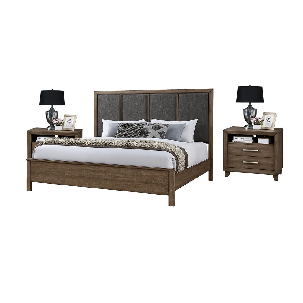 New Heritage Design Harrisburg Queen Bed and Two Nightstands in Walnut Brown with USB Port, , large