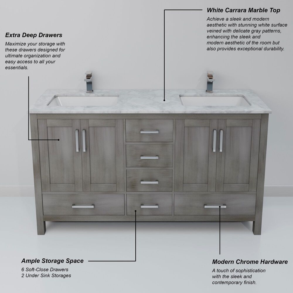 Lexora Home Jacques 60" Double Bathroom Vanity in Distressed Grey with 2 cm White Carrara Marble Top and Rectangular Sinks, , large