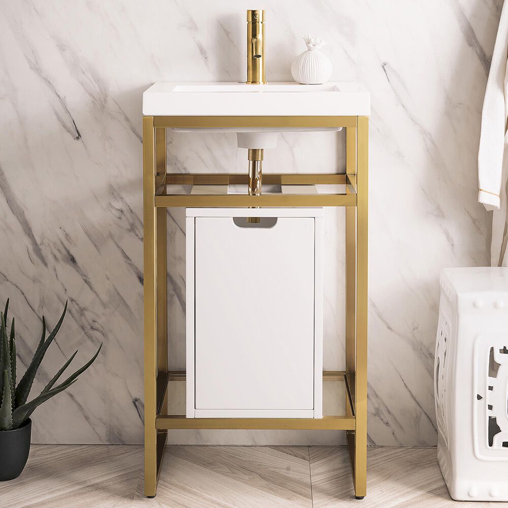 James Martin Vanities Boston 20&quot; Single White Door Bathroom Vanity in Radiant Gold with 3 cm White Glossy Resin Countertop and Rectangular Sink, , large