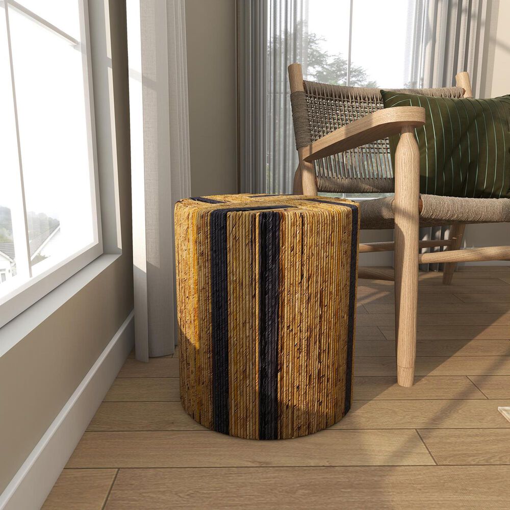 Maple and Jade Banana Leaf Drum Linear Wrapped End Table in Brown and Navy Blue, , large