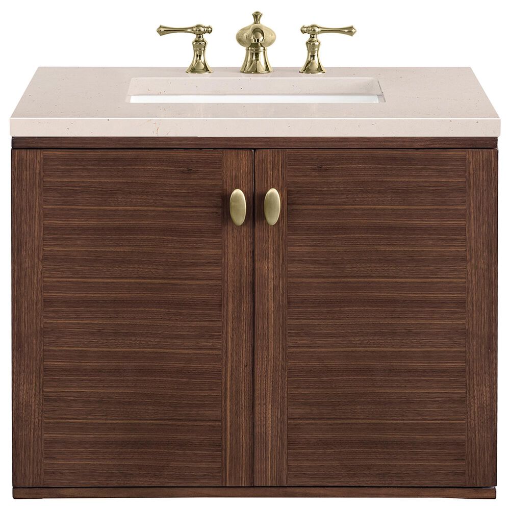 James Martin Vanities Amberly 30&quot; Single Bathroom Vanity in Walnut with 3 cm Eternal Marfil Quartz Top and Rectangular Sink, , large