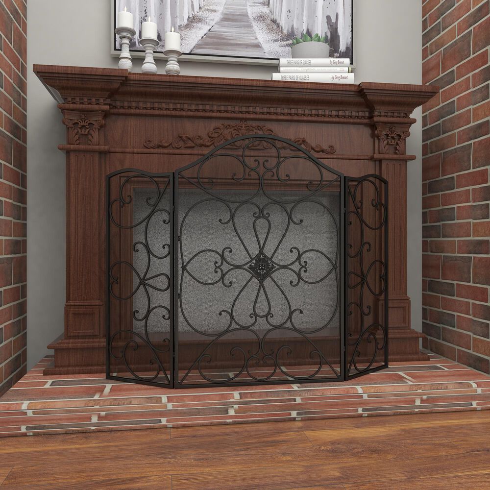 Maple and Jade 49&quot; x 36&quot; Fireplace Screen in Black, , large