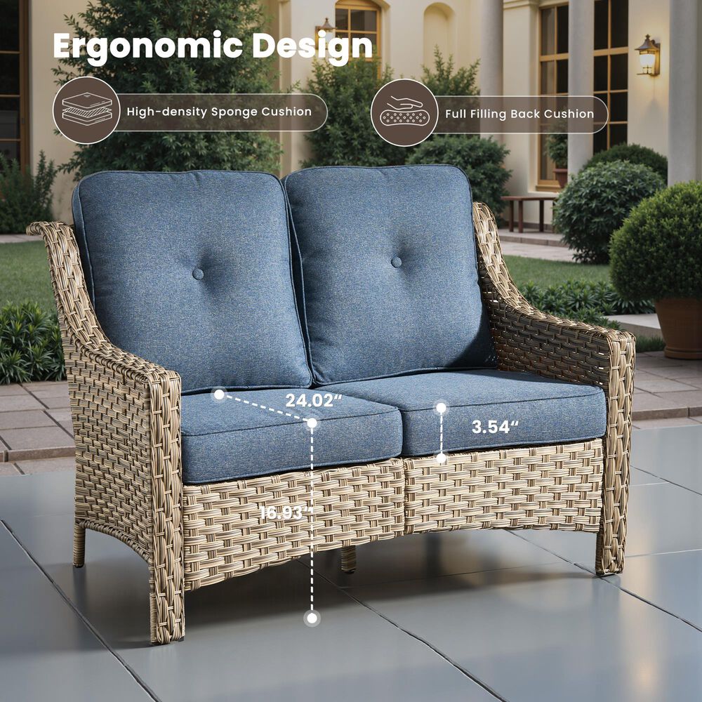 HOMLUX Outdoor Rattan Loveseat with Ergonomic Backrest in Denim Blue, , large