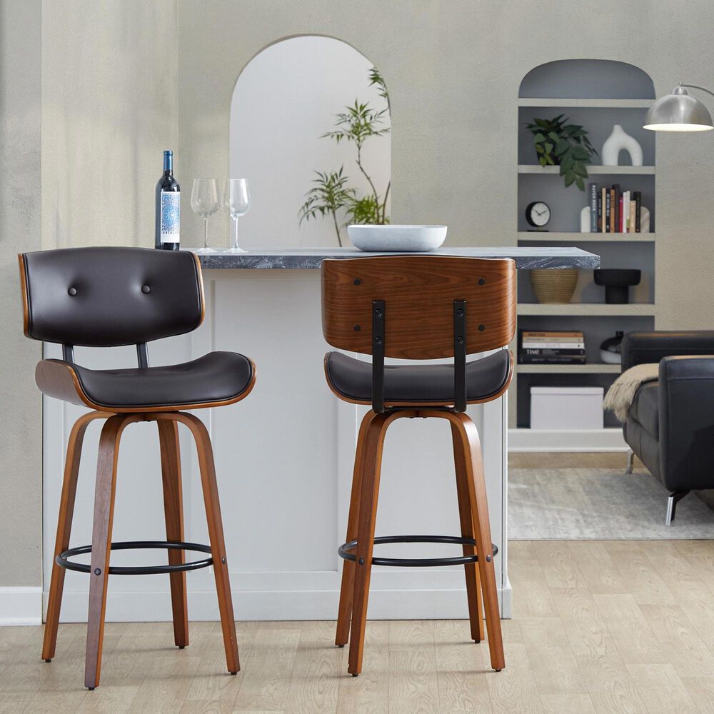 LumiSource Lombardi 30" Swivel Barstool with Espresso Faux Leather Upholstery in Walnut and Black (Set of 2), , large